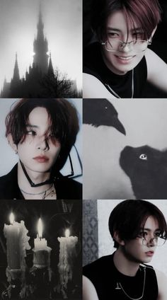 the collage shows several different images of people with dark hair and gothic makeup, including a crow