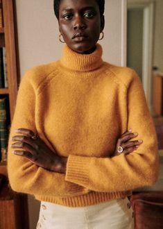 CROP super kid mohair and merino wool jumper with long sleeves;Cable knit detail on the raglan sleeve;Rolled high neck;Length from the shoulder: 45 cm / 17.7 in (for a S) Lana Lang, Winter Edit, Apricot Clothing, Girl Essentials, Orange Sweater, Merino Sweater, Parisian Apartment, Ageless Style, Winter Pullover