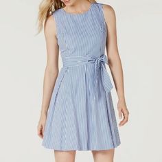 New Pappagallo Seersucker Pin-Stripped Pleated Dress. Size: 14, Color: Royal Denim And White Stripes. Zipper In The Back. Look Lovely In This Classic Seersucker Dress From Pappagallo. The Pleated Fit-And-Flare Silhouette Is A Timeless And Flattering Option That's Always In Fashion. Casual Striped Seersucker Dress, Casual Seersucker Dresses For Spring, Casual Fitted Seersucker Dress, Royal Blue Dress Casual, Periwinkle Blue Dress, Pink And Gold Dress, Gold Lace Dresses, Princess Seam Dress, Pleated Skirt Dress