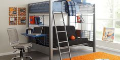 a bunk bed with a desk and chair in the corner, next to an orange rug