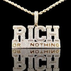 New Icy Supreme Quality 14k Bi-Color Gold Finish Rich Or Nothing Pendant Over Brass Dipped In Gold 5xtimes To Include A Free 14k White Gold Finish 24inch X 3mm Rope Chain For Men. * Icy Rich Or Nothing Pendant * Supreme Quality & Dipped In Gold 5xtimes * 14k Bi-Color Gold Finish X5 * Over Brass * Simulated Diamonds * Micro Pave Setting * Pendant Length: 1.6 Inch * Pendant Width: 1.8 Inch * So Icy You Have To See To Believe. * Free Rope Chain * 14k White Gold Finish * Over Stainless Steel * Chain 14k Gold Iced Out Necklace Gift, White Rope Chain Jewelry For Anniversary, Celebrity Style Jewelry, Guitar Ring, Promise Ring Band, Rose Gold Promise Ring, Stainless Steel Cross Pendant, Silicone Wedding Rings, Expensive Jewelry Luxury