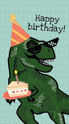 a dinosaur with a birthday hat holding a piece of cake in it's hand