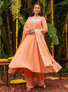 Peach Georgette Sequined Detailing Anarkali Suit Set with Dupatta Anarkali Kurta Set, Yoke Embroidery, Long Tunic Dress, A Line Kurta, Anarkali Kurta, Stylish Pants, Ethnic Dress, Anarkali Suit, Kurta With Pants