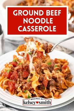 ground beef noodle casserole on a white plate with a red sign that says ground beef noodle casserole