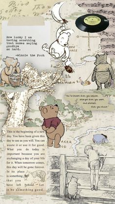 an altered collage with winnie the pooh and other things to see on it