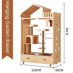 the wooden doll house is shown with measurements for it's size and features two levels