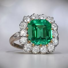 Colombian Emerald Ring, European Cut Diamond Ring, Estate Diamond Jewelry, Columbian Emeralds, Gia Certificate, Emerald And Diamond Ring, Colombian Emeralds, Gemstone Engagement, 18k Yellow Gold Ring