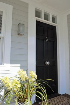 a black front door on a white house with potted plants in the foreground