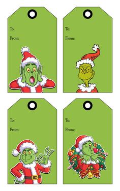 four christmas gift tags with the grin face and santa claus hat on them, all in green