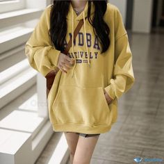 Orcajump - Stylish Hoodie with Thickened Fleece and Loose Fit – Long Sleeve Outerwear Long Sleeve Outerwear, Light Yellow, Loose Fitting, Yellow, Long Sleeve, Clothes