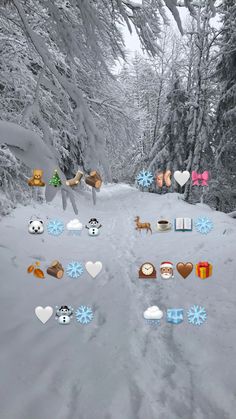 the snow covered road has many different icons on it