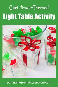 Invitation to scoop and sort reusable ice cubes in this magical Christmas-themed light table activity for little learners. Holiday Light Table Activities, Light Table Christmas Activities, Christmas Light Table Activities, Light Table Activities, Prek Christmas, Reusable Ice Cubes, Table Activities