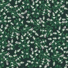 a green and white floral pattern with small white flowers on dark green background, suitable for wallpaper or fabric