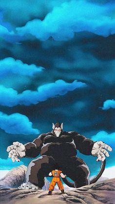 an image of a cartoon character standing in front of a giant monster