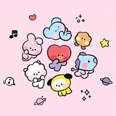 bt21 | koya | rj | shooky | mang | tata | chimmy | cooky | galaxy | universe | music | notes | sparkles | star | heart | pink | purple | yellow | blue | red | brown | beige | white | cute | aesthetic | bts | namjoon | seokjin | yoongi | jhope | taehyung | jimin | jungkook Bts Wallpaper Desktop, Iphone Wallpaper Kawaii, Watch Wallpaper, Apple Watch Wallpaper, Apple Watch Faces, Bts Drawings, Line Friends, Kawaii Drawings