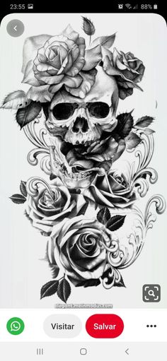 a black and white photo of a skull with roses on it