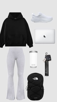 Baddie Outfits With Black Leggings, Lazy Day Outfits For School Fall, Black Hoodie And Leggings Outfit, Warm Airport Outfit, Comfy Outfits Lazy School, School Simple Outfits, Pink Nikes Outfit, College Class Outfits Comfy, Black Comfy Outfits