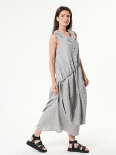 Gray Linen Dress With Asymmetric Hem - METD0237 With love for the extravagant we present your this unusual yet super trendy dress.  This sleeveless dress has an asymmetrical hem and ties all over the waist area with which you can adjust it and create various looks. Our elegant summer dress has buttons in the front and an interesting turtle-like neckline.  Don't worry about the summer heat waves because the high quality natural linen we used for this maxi dress keeps the warm away and cools your Elegant Summer Dress, Elegant Summer Dresses, Heat Waves, Western Outfits Women, Natural Linen Fabric, Trendy Dress, Gray Linen, Summer Heat, Style Expert