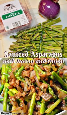 asparagus with bacon and onion in a white bowl next to an onion bag