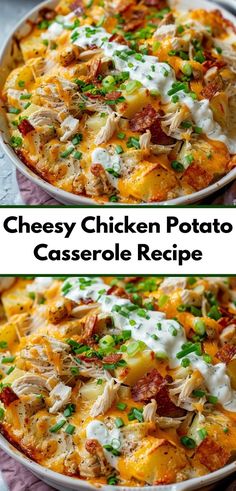 two pictures of cheesy chicken potato casserole