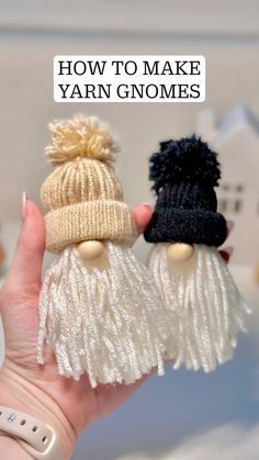 two small knitted gnomes with text overlay reading how to make yarn gnomes