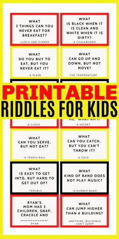 the printable riddles for kids is shown in red and yellow with black text