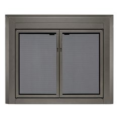 an outdoor fireplace door with two glass doors