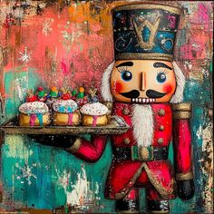 a painting of a nutcracker holding a tray with cupcakes on it