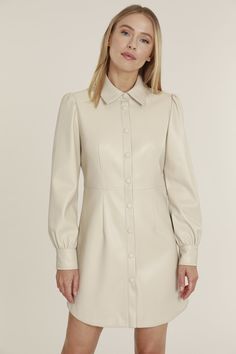 Sleek and simple, our Faux Leather Shirt Dress is a great addition to your wardrobe⁠ if you’re looking for an edgier vibe. Made of luxe vegan leather, this dress oozes style and sophistication, while its button-up design and subtle seam detail gives you clean lines for a more smart casual look. Whether you’re headed into the office or going out for an evening event, this vegan leather shirt dress won’t disappoint. Faux leather Button up Long sleeves Comes in Sand, Beige, Aqua, and Black Dry clea Faux Leather Shirt, Leather Button Up, Leather Shirt Dress, Leather Shirt, Leather Dresses, Leather Dress, Smart Casual, Pretty Dresses, Casual Looks