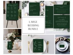 the large wedding bundle includes green menus, place cards and other items for guests to use