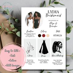 a flyer for a bridal party with the names and pictures on it, next to some