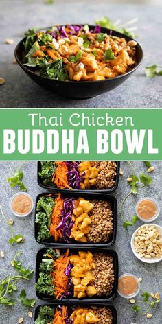 this thai chicken buddha bowl is loaded with vegetables, cashews and peanut sauce