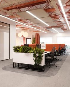 an office with plants in the middle of the desks and on the ceiling is a planter