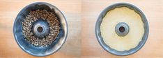 two bowls filled with food sitting on top of a wooden table next to each other