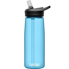 a blue camelbak water bottle with a straw in it's cap and lid