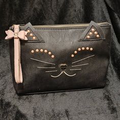 Nwt. Protective Coating On Nose. Black. Cosmetic Bag. Pink Stones. Gold Hardware. Black Clutch Bag Perfect For Gift, Trendy Black Rectangular Cosmetic Bag, Black Pouch Cosmetic Bag Gift, Black Clutch Cosmetic Bag Gift, Black Crossbody Bag With Cat Design, Black Clutch Cosmetic Bag As Gift, Cute Black Bag With Zipper Pouch, Cute Black Shoulder Bag With Adjustable Strap, Cute Black Zipper Pouch Bag