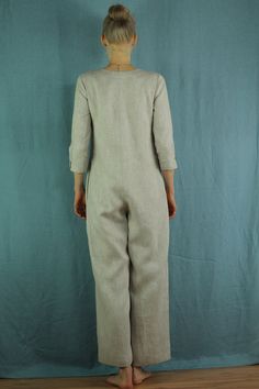 "Linen jumpsuit with belt and 2 pockets in natural color, perfect for casual wear and suitable for any occasion in any season Details: - 100% natural linen produced in Europe ; - medium weight (180 gram per square meter); - color: natural, could be any from our colors catalog (color samples at the photo); Made to order, approximately a few days, If you have any questions please message me and I will be glad to answer. Size guide : Size XS Bust: fits bust around 33\"-34\"/ 84-88 cm Waist: fits wa Linen Jumpsuits And Rompers With Pockets, Linen Overall Jumpsuit With Pockets, Linen Overall Jumpsuits And Rompers With Pockets, Linen Overalls With Pockets, Beige Linen Overall Jumpsuits And Rompers, Beige Linen Overalls Jumpsuit, Beige Linen Overalls, Fitted Linen Jumpsuits And Rompers With Pockets, Womens Summer Jumpsuits