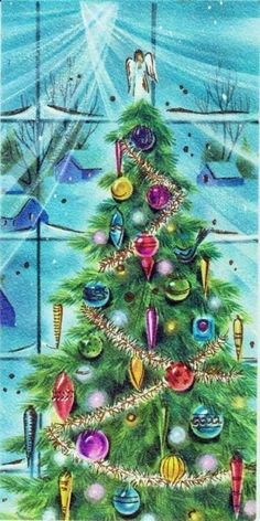 a painting of a christmas tree with ornaments on it