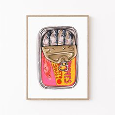 an illustration of fish in a canned can on a white wall above a wooden frame