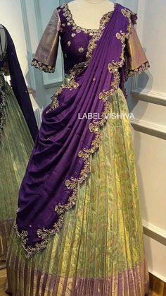 Half Saree Dupatta Draping Style, Half Saree Lehenga Wedding, Trendy Half Saree Designs, Pattu Half Saree Indian Dresses, Blouse Designs For Half Saree, Halfsarees Traditional, Pattu Lehenga Half Saree, Traditional Half Saree Designs, Swiss Vacation