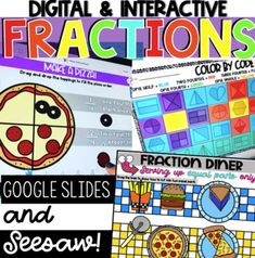 several different activities to teach fraction and fraction numbers with the same number as pizzas