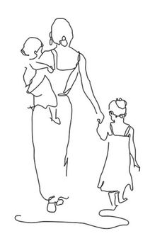 a continuous drawing of a woman holding the hands of two children, and an adult standing next to her