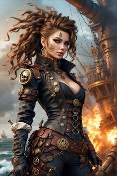 a woman in steampunk clothing standing next to a ship with fire coming out of it