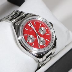 96K115 Red Chronograph Watch For Business, Red Chronograph Watch With Tachymeter, Red Chronograph Watch With Subdials, Red Analog Watch Accessories As Gift, Classic Red Chronograph Watch, Red Watches With Tachymeter And Round Dial, Red Watch With Tachymeter And Round Dial, Formal Red Automatic Chronograph Watch, Red Analog Watch For Business