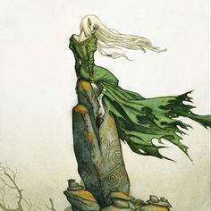 a drawing of a woman standing on top of a rock with her hair blowing in the wind