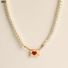 Love Letter Necklace LIN32 - mkkawaiishop Envelope Necklace, Necklace Product, Design Light, Jewelry Model, Vintage Heart, Love Letter, Letter Necklace, Pearl Chain, Chain Choker