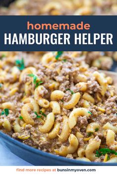 a skillet filled with hamburger helper pasta