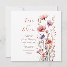 Love is in bloom wildflowers floral bridal shower Garden Bridal Shower Invitations, Love Is In Bloom, Love In Bloom, Wildflower Wedding Invitations, Pink Bridal Shower, Floral Bridal Shower Invitations, Botanical Wedding