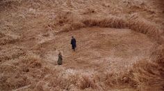 two people standing in the middle of a dry grass field, looking down at something