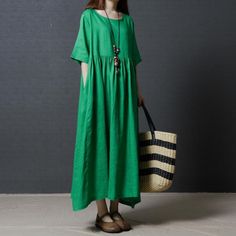 Fine Linen Green Women Summer Dresses Oversize Vintage Sundress O Neck Maxi Dress - Omychic Long Linen Dresses, Plus Size Sundress, Casual Silk Dresses, Vintage Sundress, Women Summer Dresses, Maxi Shift Dress, Loose Dresses, Short Sleeve Maxi Dresses, Cotton Dress Summer